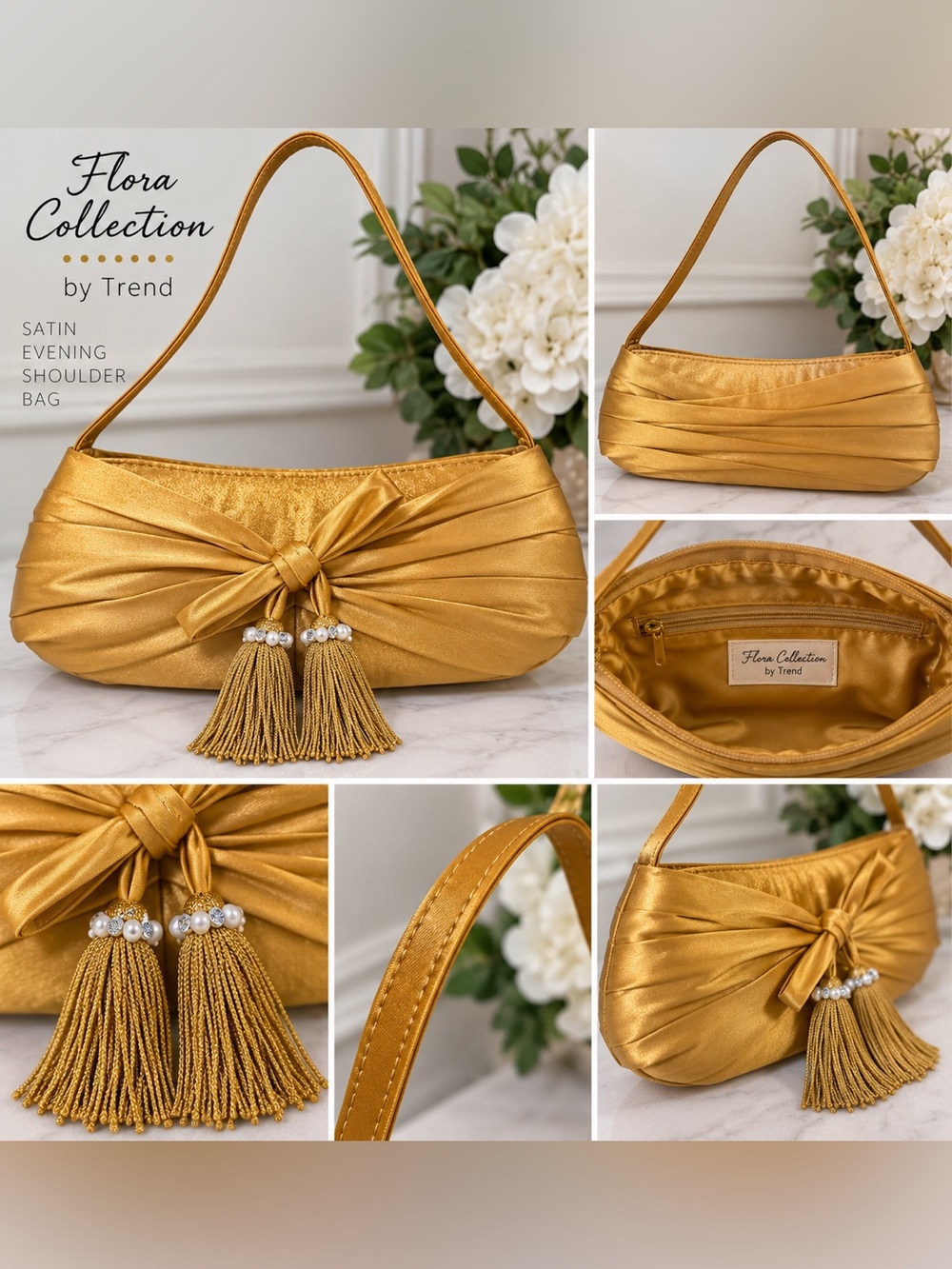 Flora Collection Gold Satin Tassel Evening Shoulder Bag NWOT